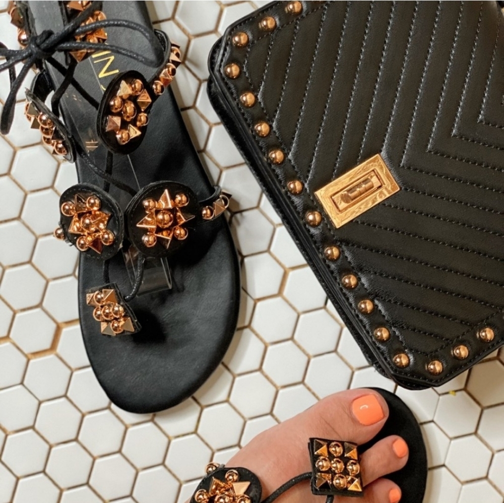 Black and gold studded gladiator sandals